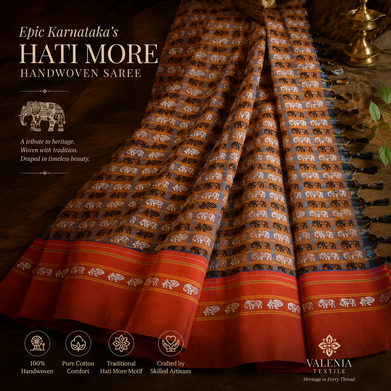 Epic Karnataka Hati More Handwoven Saree – Heritage Elephant Motif Cotton Saree | Valenia Textile ✨️